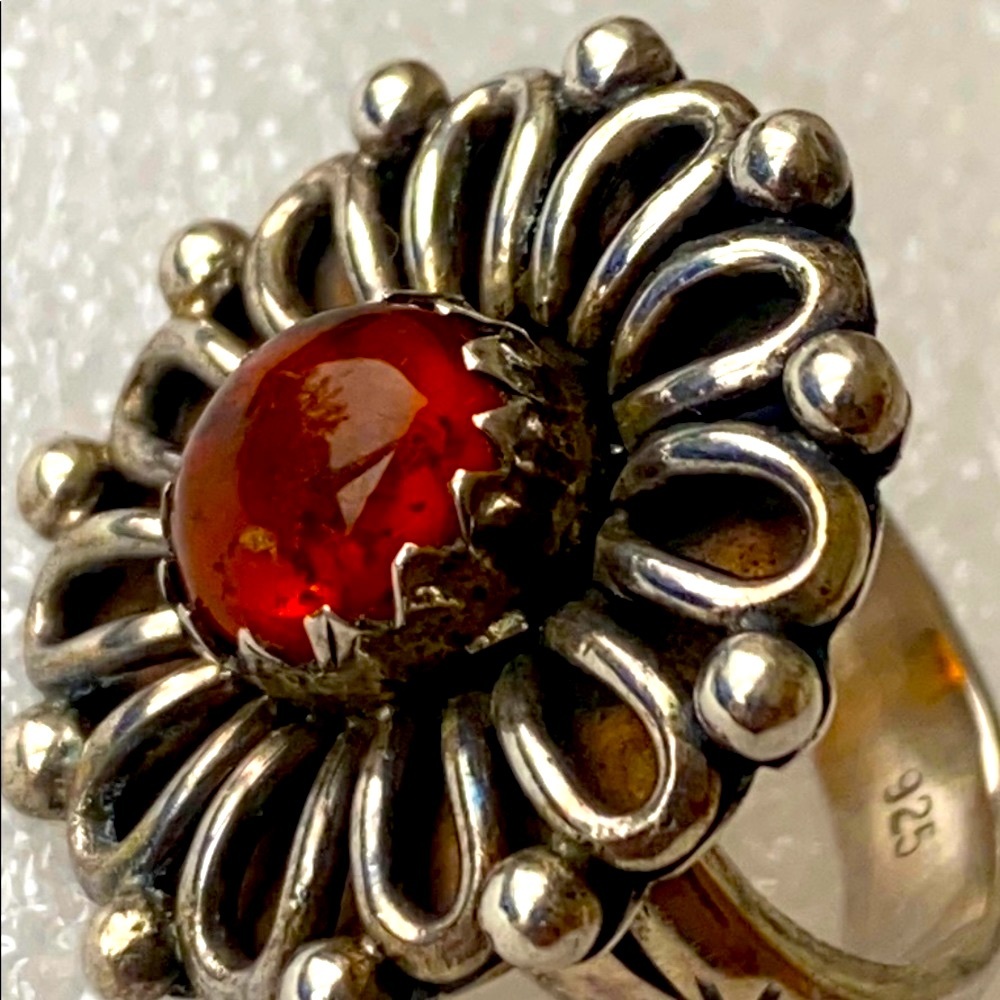 Solid Sterling Silver Baltic Amber Flower Chunky … - image 3